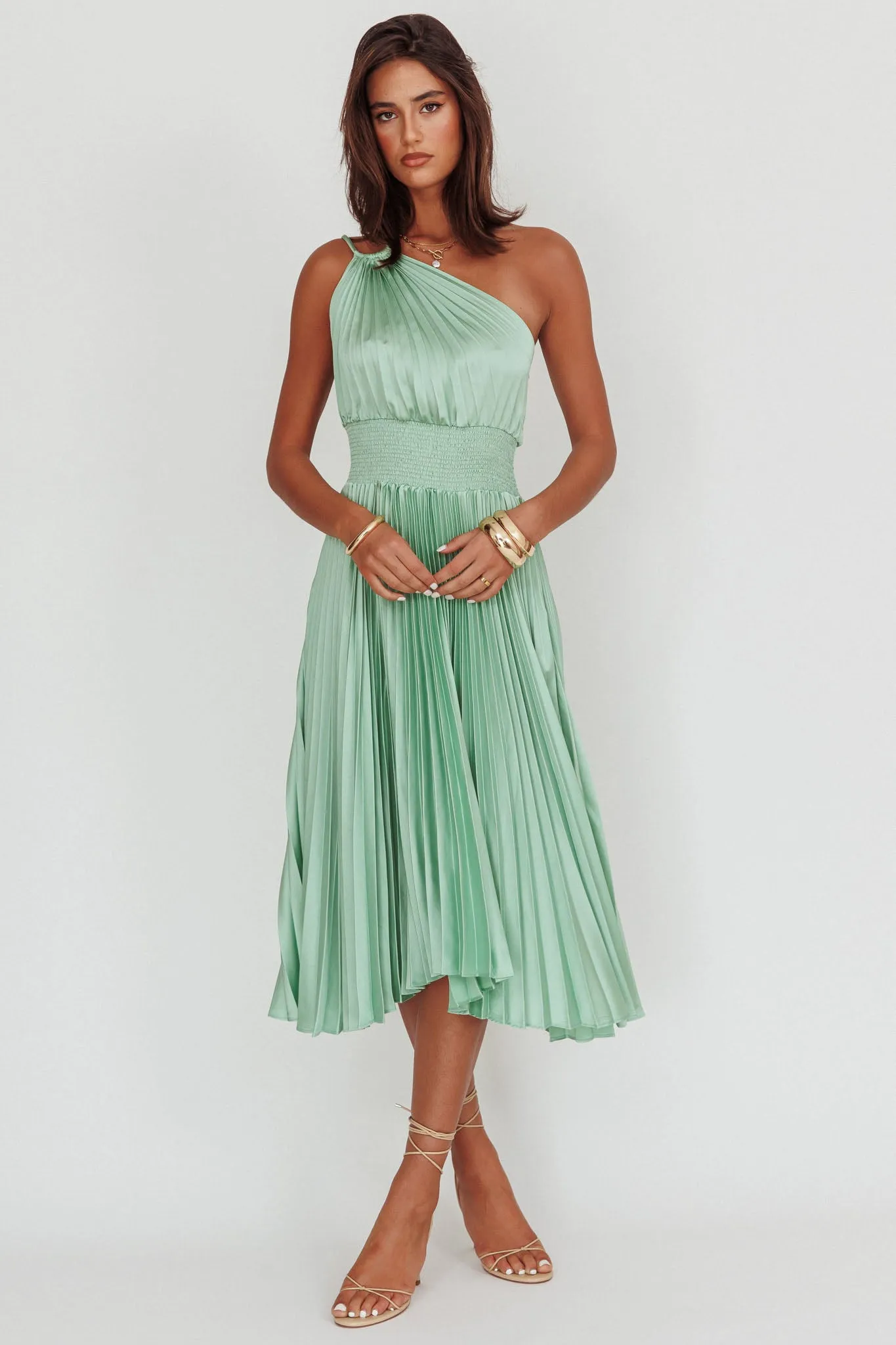 Calissa One Shoulder Pleated Midi Dress Sage