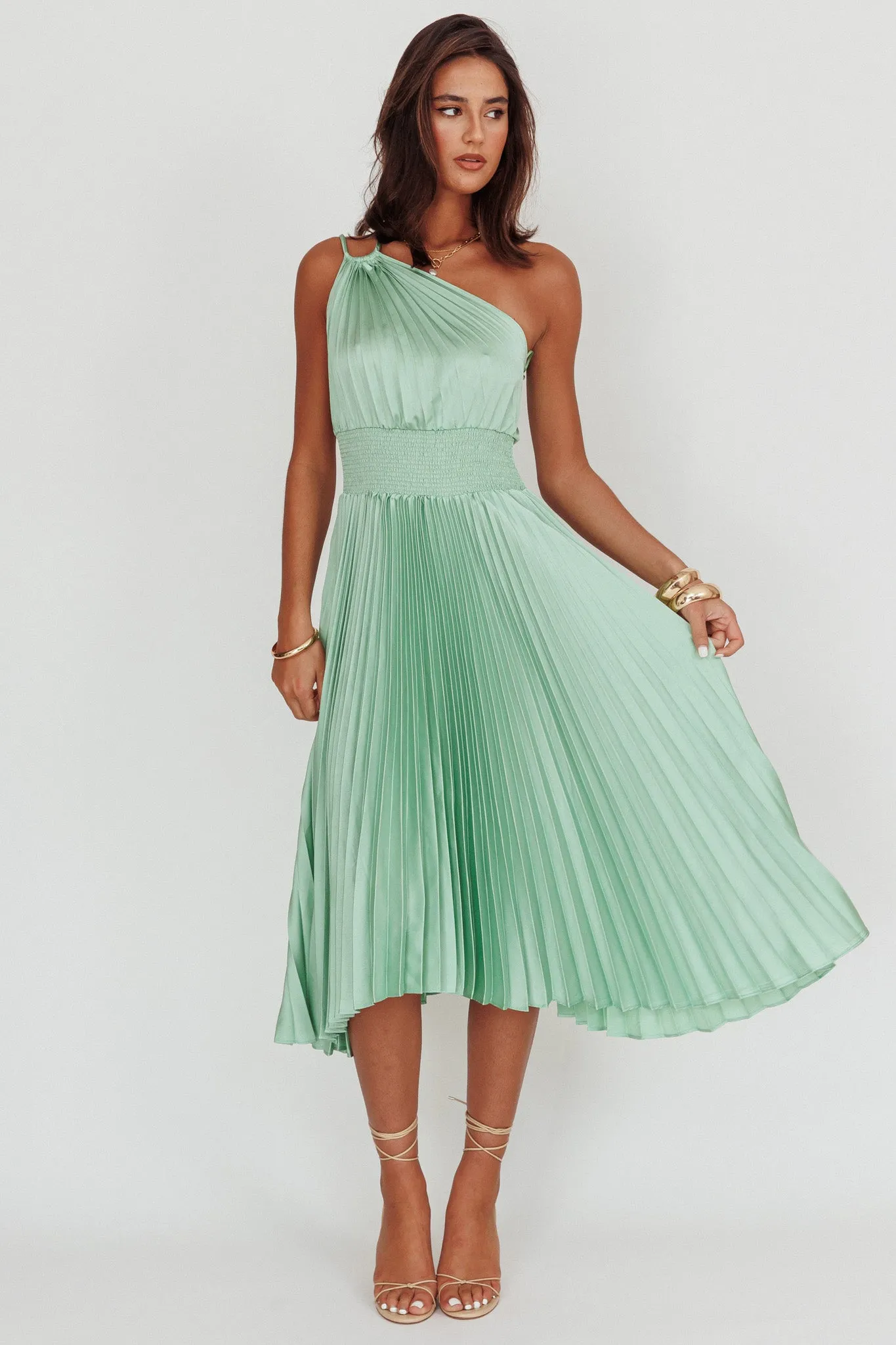 Calissa One Shoulder Pleated Midi Dress Sage