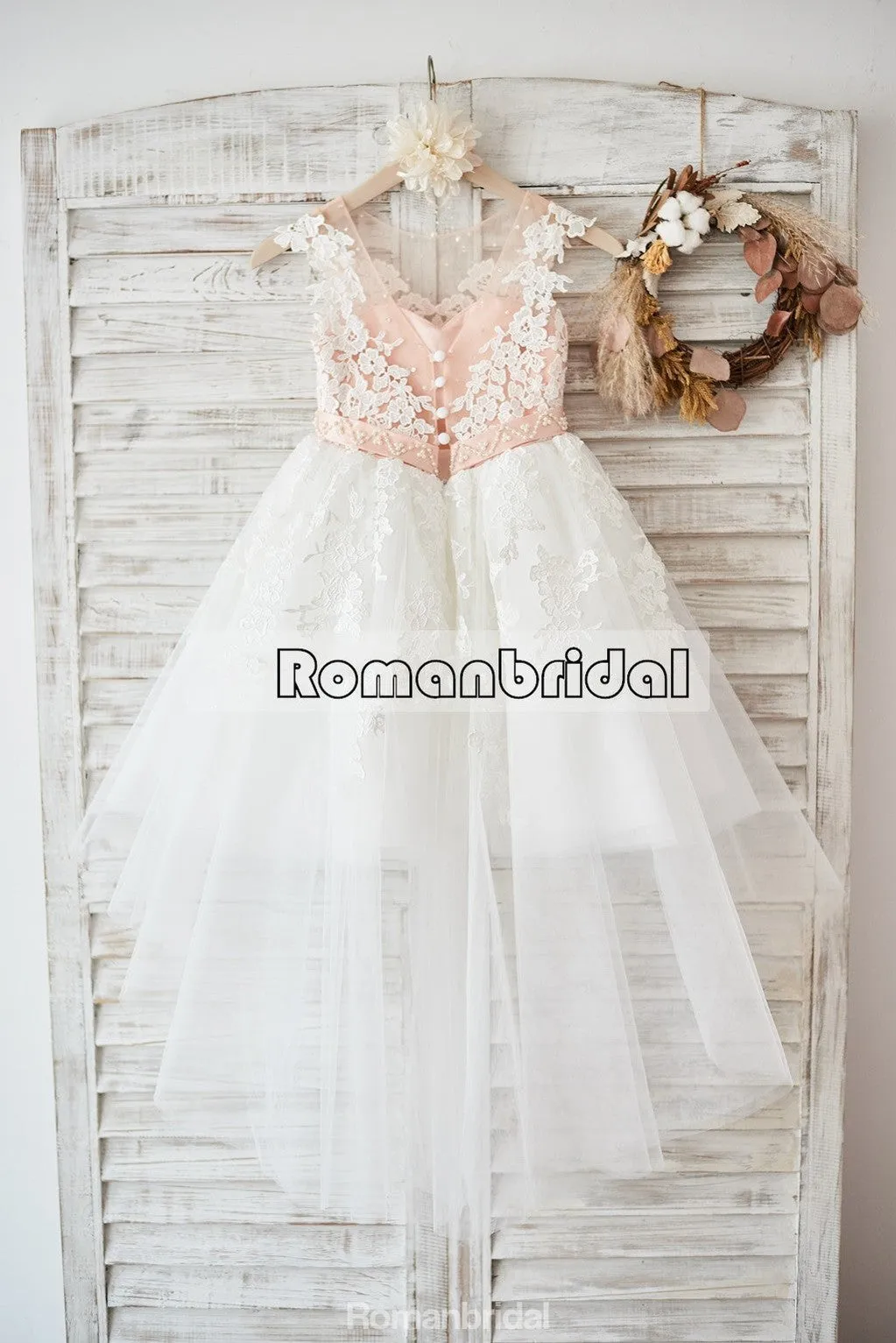 Cap Sleeves Ivory Lace Tulle Hi Low Wedding Party V Back Beading flower girl dresses, FG0125