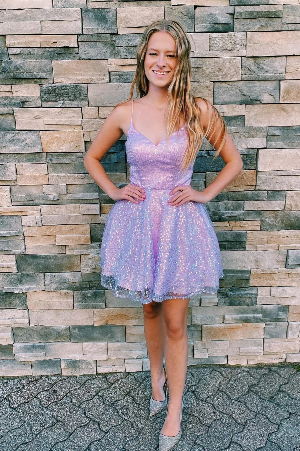 Chayla | Lilac A-line Sequins Straps V Neck Homecoming Dress