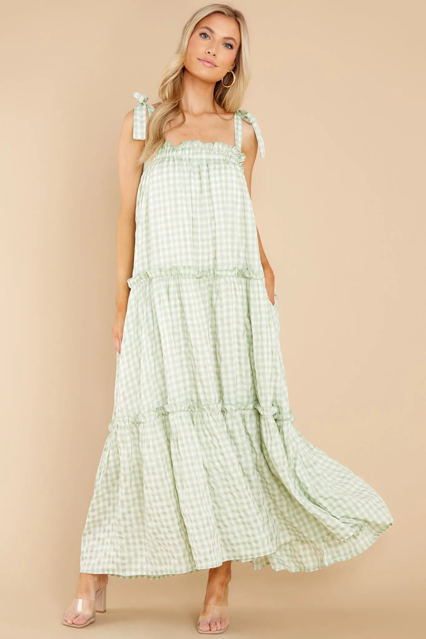 Cherished Memories Green Gingham Maxi Dress