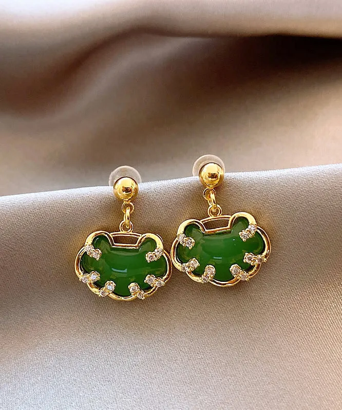 Chinese Style Green Sterling Silver Overgild Zircon Jade Safety Lock Stud Earrings WH045