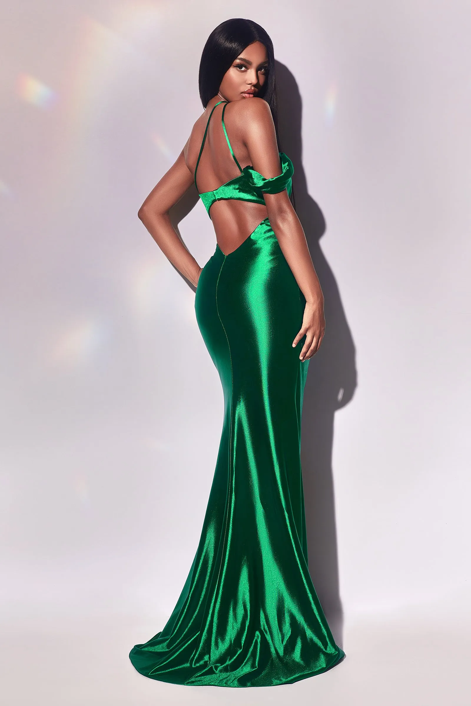 CINDERELLA DIVINE Y025 Fitted Asymmetrical Satin Gown with Slit