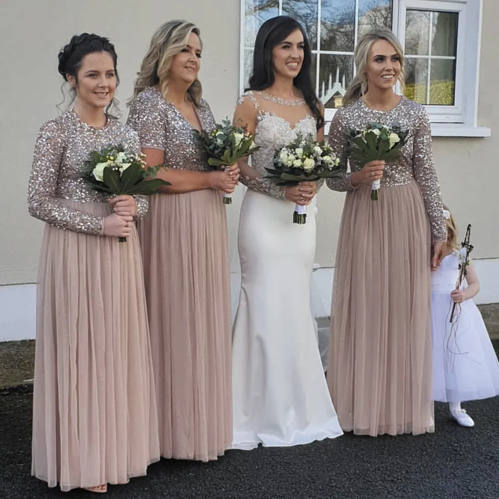 country style wedding party dresses long sleeve beaded sparkly khaki bridesmaid dresses 2020