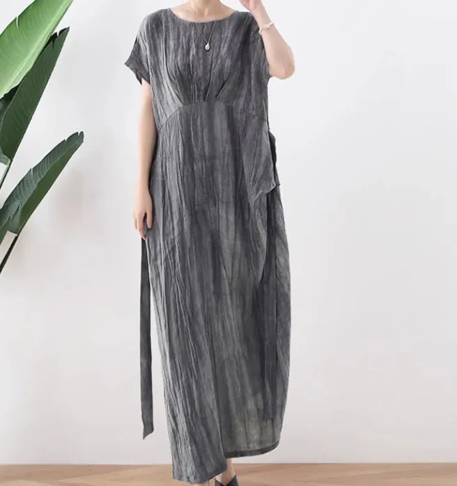 Crinkled Summer Women Linen Dress,Soft Washed Vintage Dresses 2233