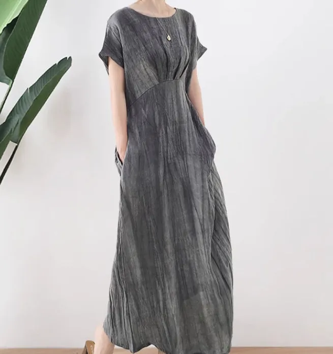 Crinkled Summer Women Linen Dress,Soft Washed Vintage Dresses 2233