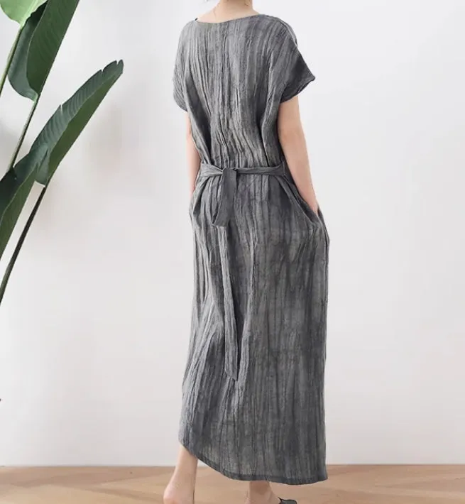 Crinkled Summer Women Linen Dress,Soft Washed Vintage Dresses 2233