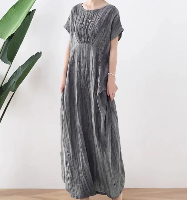 Crinkled Summer Women Linen Dress,Soft Washed Vintage Dresses 2233