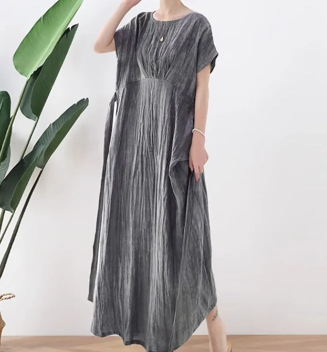 Crinkled Summer Women Linen Dress,Soft Washed Vintage Dresses 2233