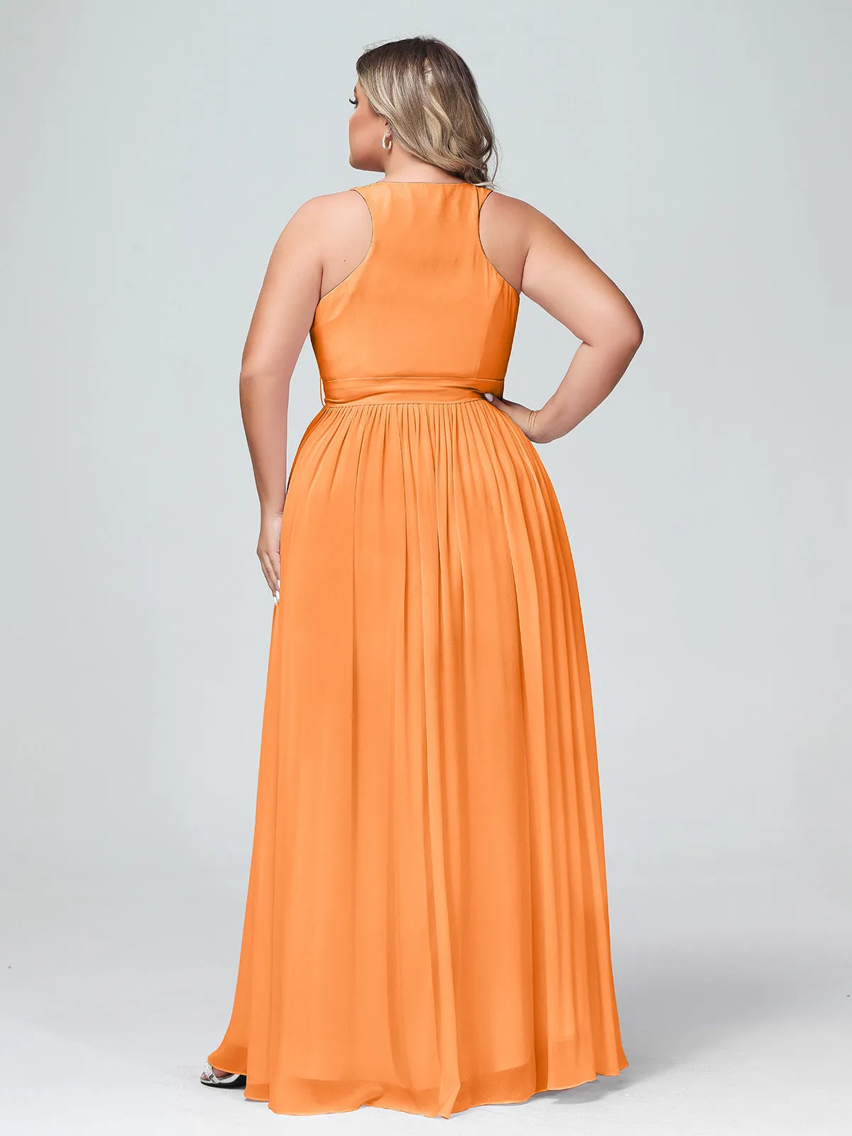 Deep V Neckline Chiffon Dress with Sash Bow Orange