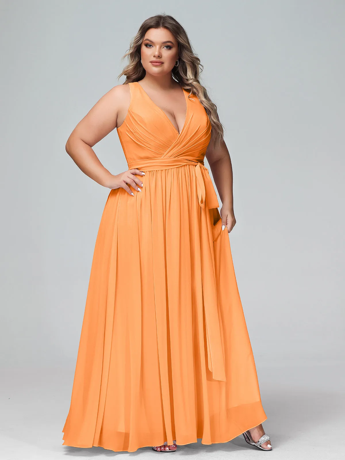 Deep V Neckline Chiffon Dress with Sash Bow Orange