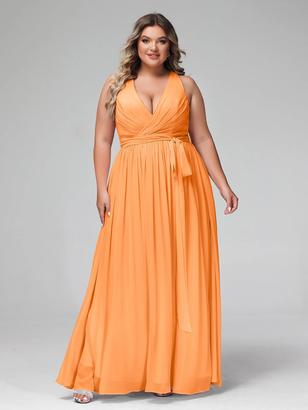 Deep V Neckline Chiffon Dress with Sash Bow Orange