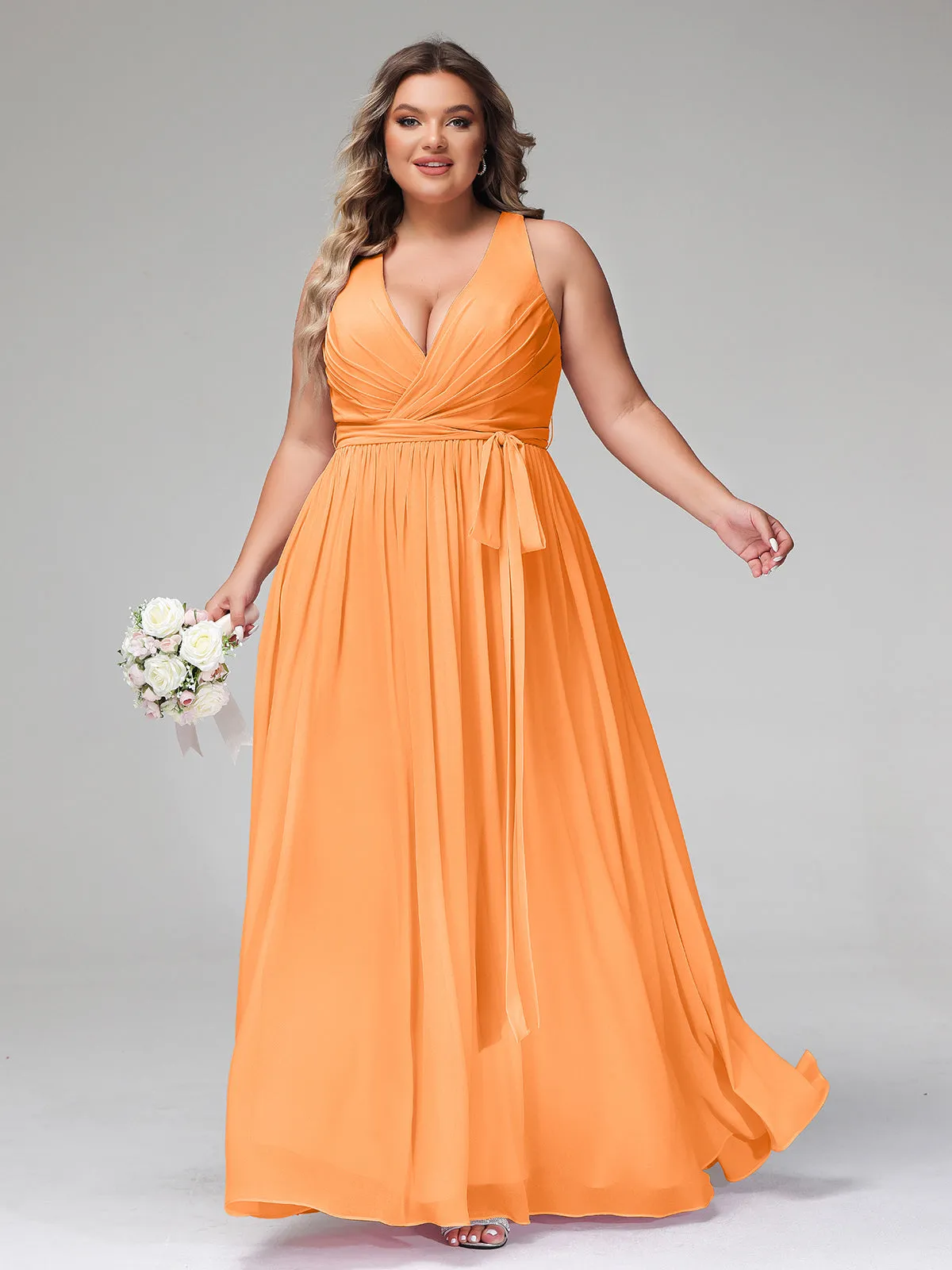 Deep V Neckline Chiffon Dress with Sash Bow Orange