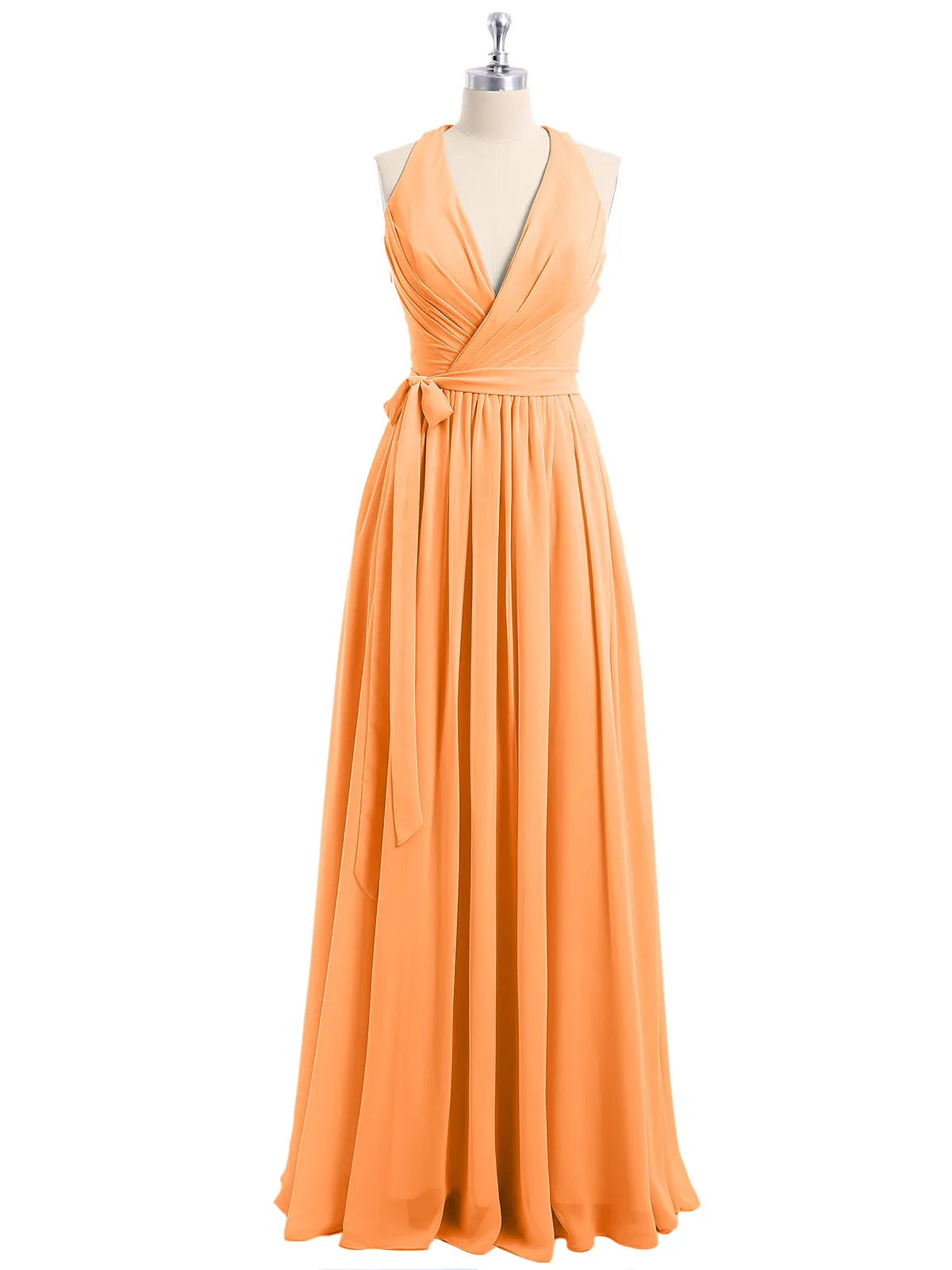 Deep V Neckline Chiffon Dress with Sash Bow Orange