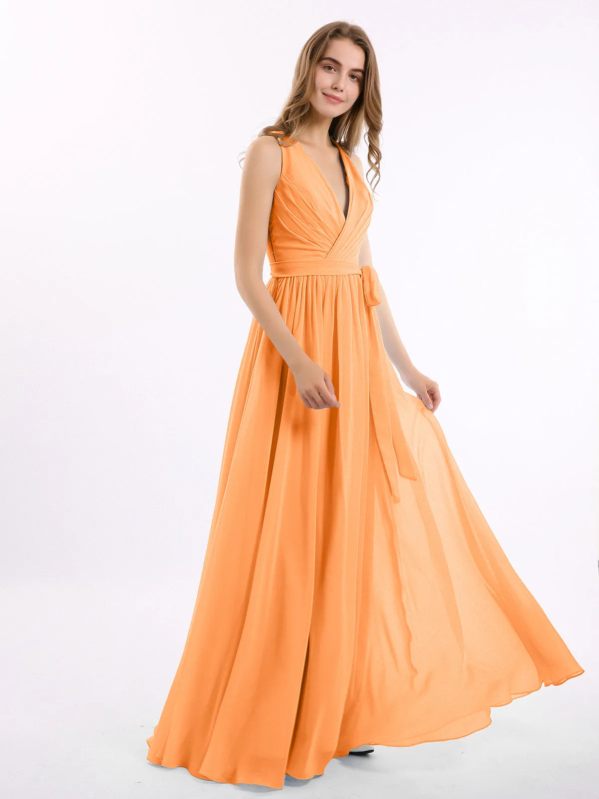 Deep V Neckline Chiffon Dress with Sash Bow Orange