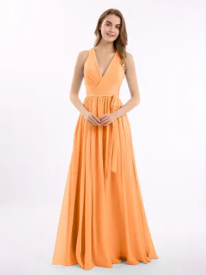 Deep V Neckline Chiffon Dress with Sash Bow Orange