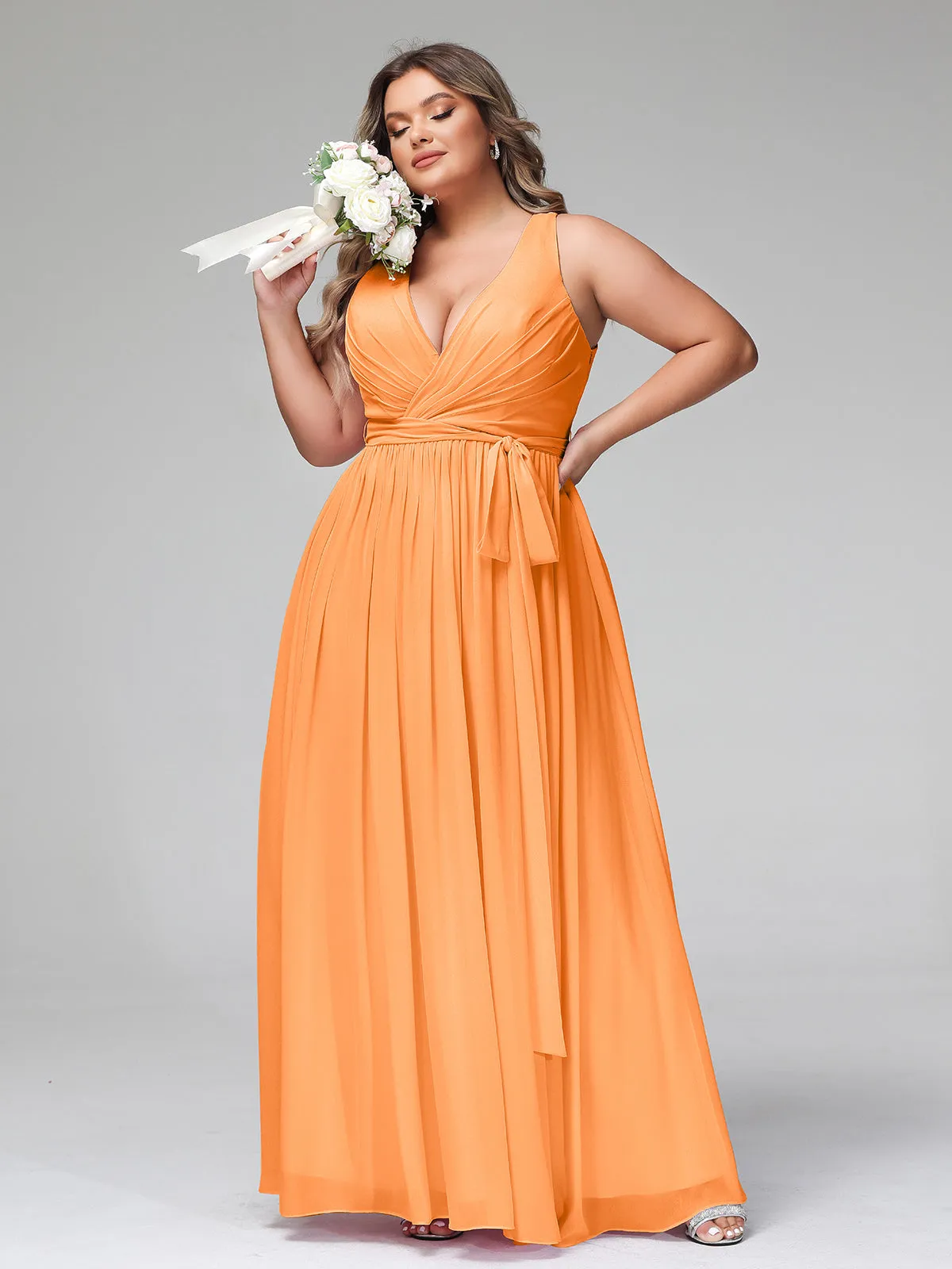 Deep V Neckline Chiffon Dress with Sash Bow Orange