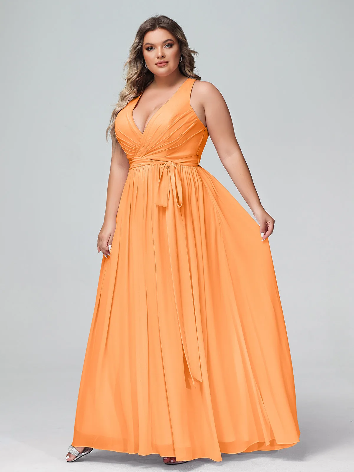 Deep V Neckline Chiffon Dress with Sash Bow Orange