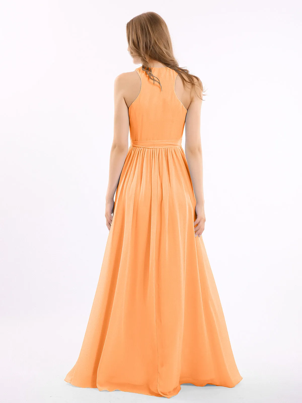 Deep V Neckline Chiffon Dress with Sash Bow Orange