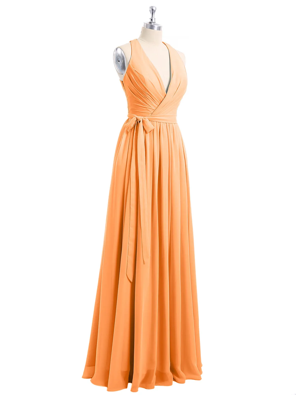 Deep V Neckline Chiffon Dress with Sash Bow Orange