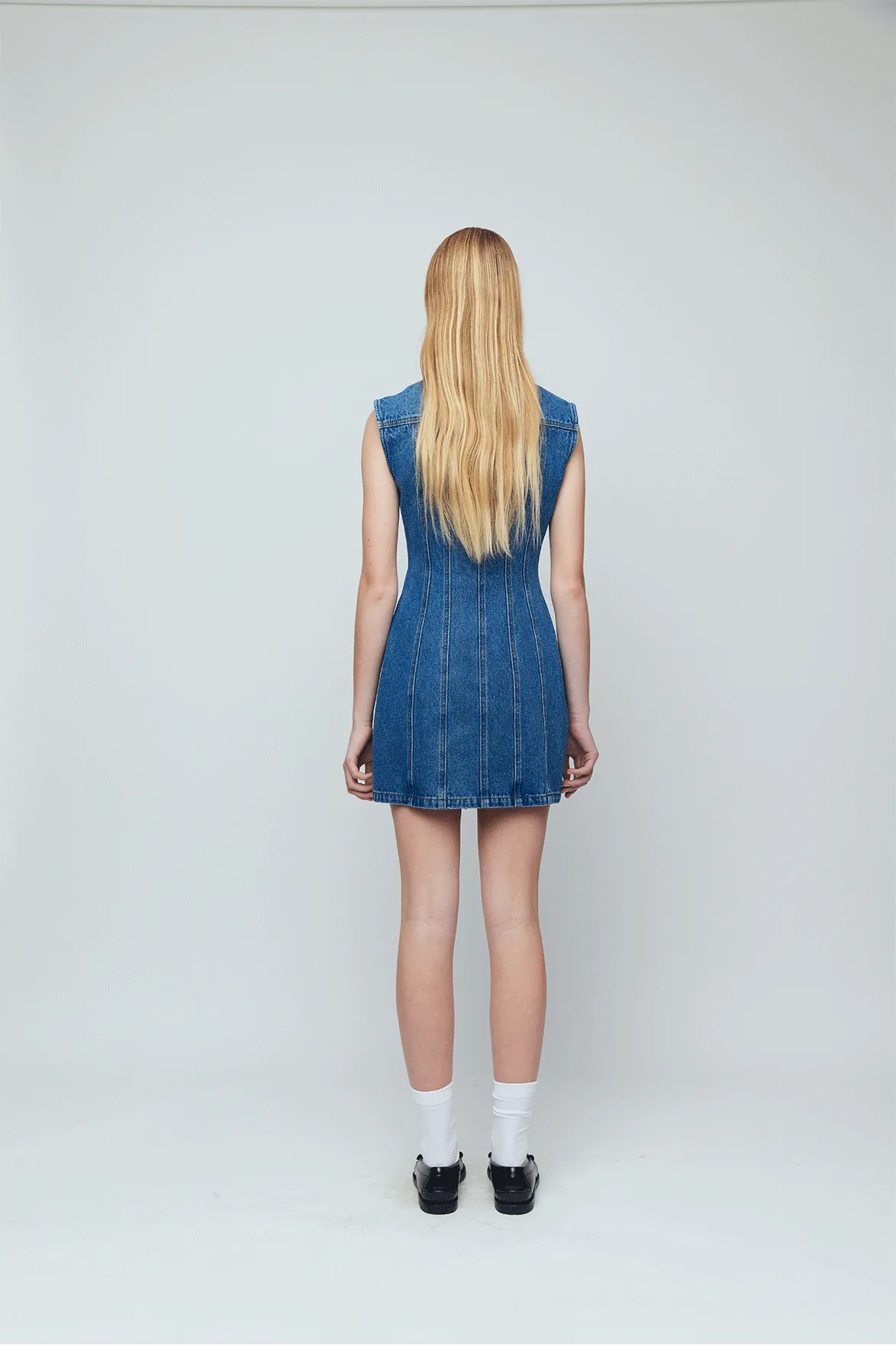 Denim Panel Sleeveless Mini Dress - Indigo