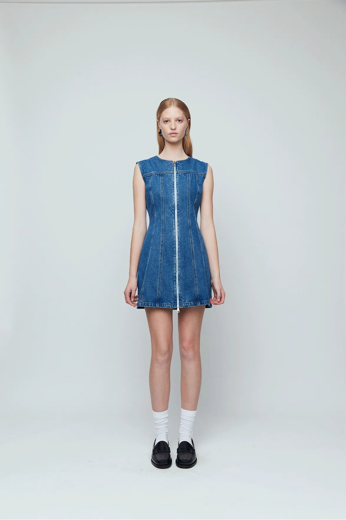 Denim Panel Sleeveless Mini Dress - Indigo