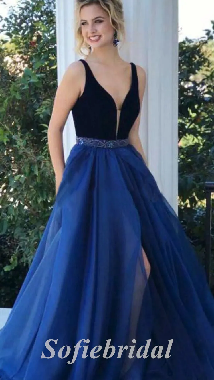 Elgant Velvet Top Tulle Bottom Spaghetti Straps V-Neck Sleeveless Side Slit A-Line Long Prom Dresses,SFPD0629