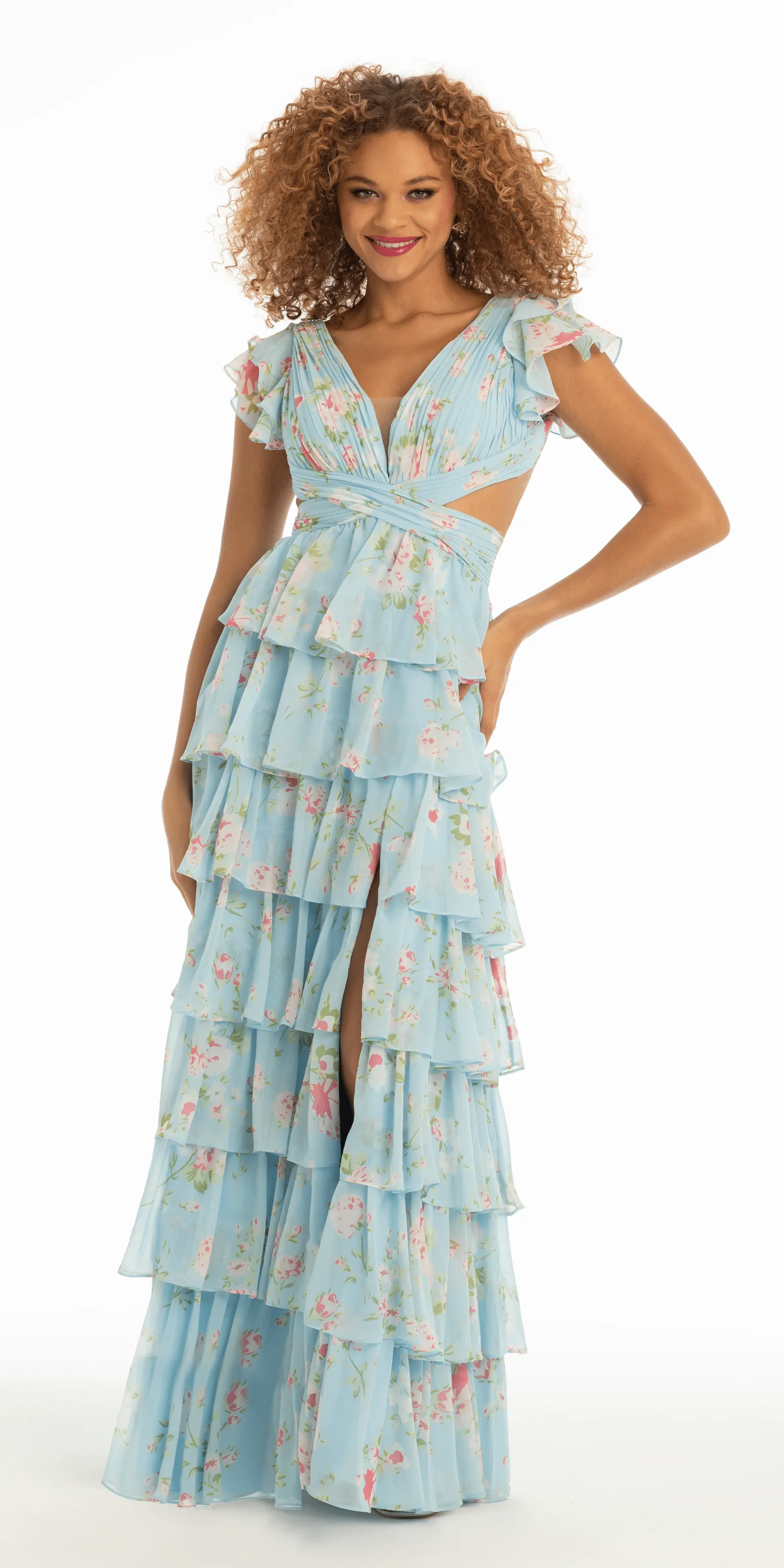 Floral Print Chiffon Tiered Plunging Cap Sleeve Dress with Side Cut Outs