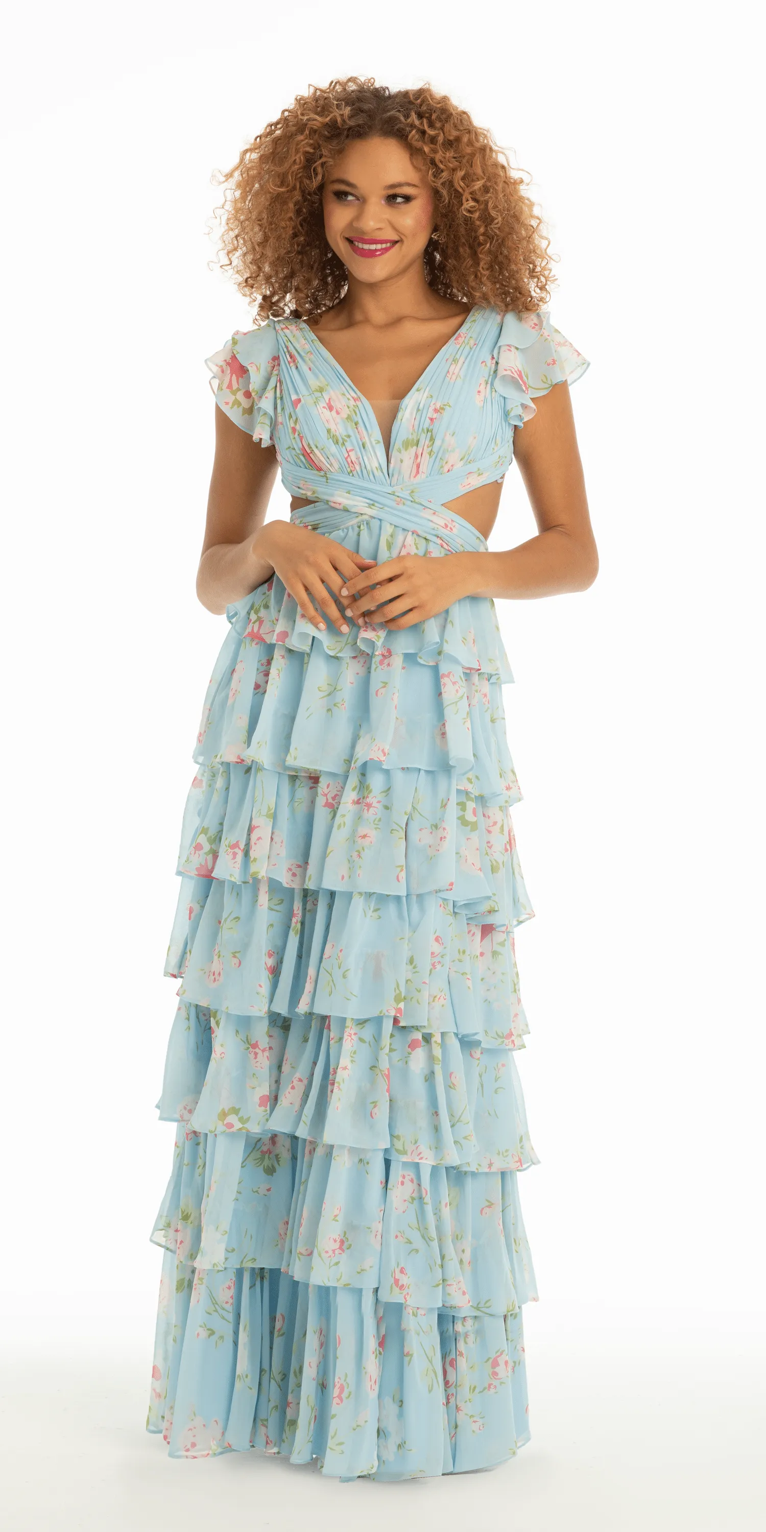 Floral Print Chiffon Tiered Plunging Cap Sleeve Dress with Side Cut Outs