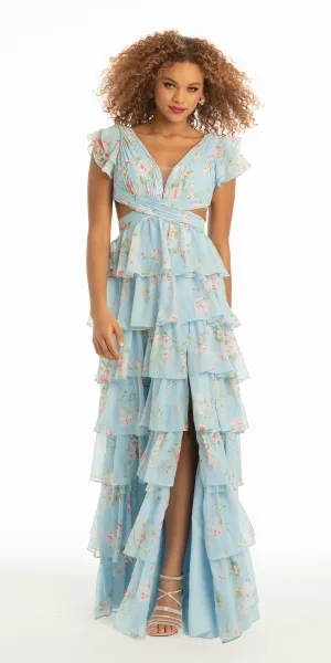 Floral Print Chiffon Tiered Plunging Cap Sleeve Dress with Side Cut Outs