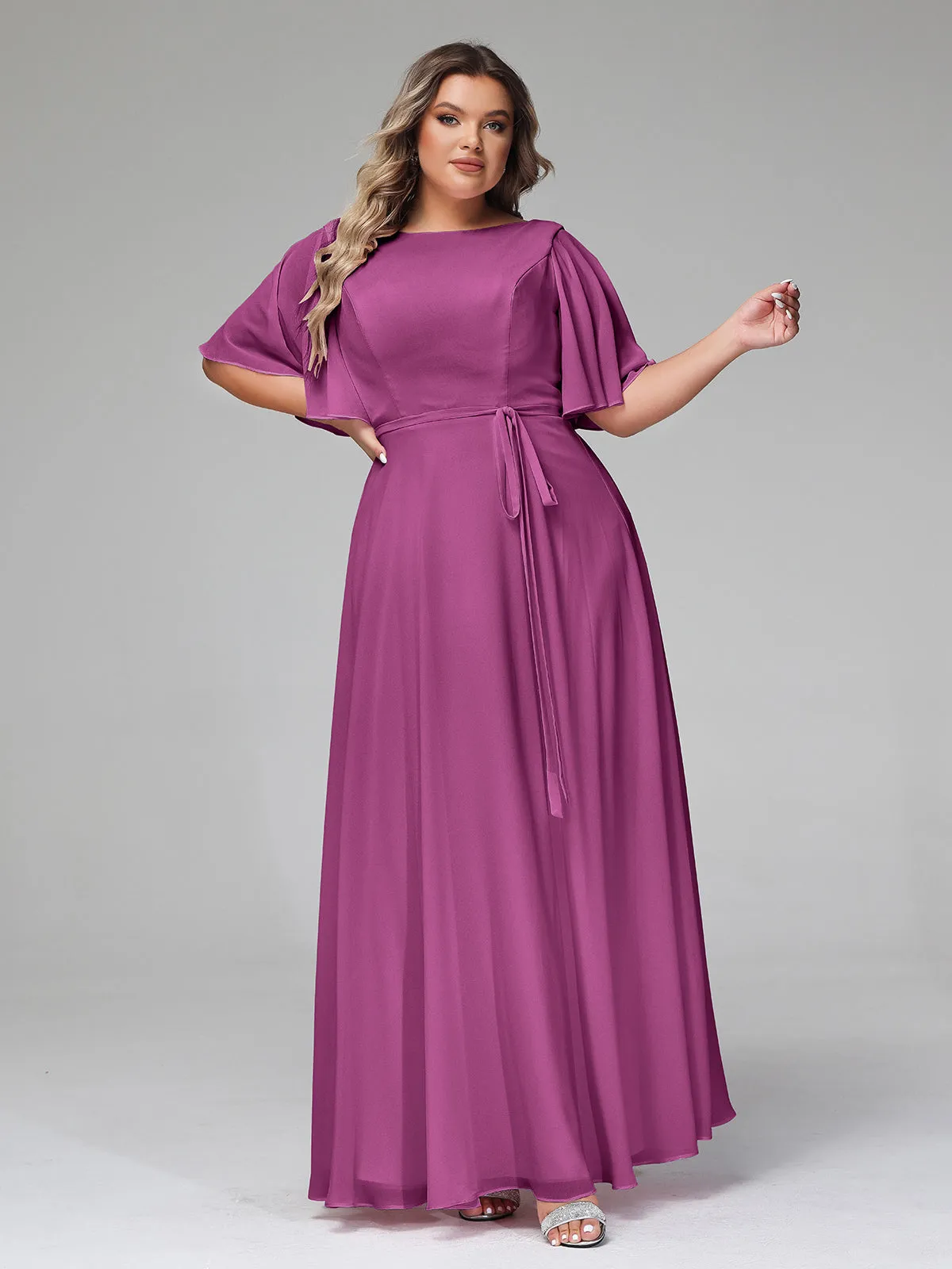 Flutter Sleeves Chiffon Max Dresses with Sash Bow-Orchid Plus Size