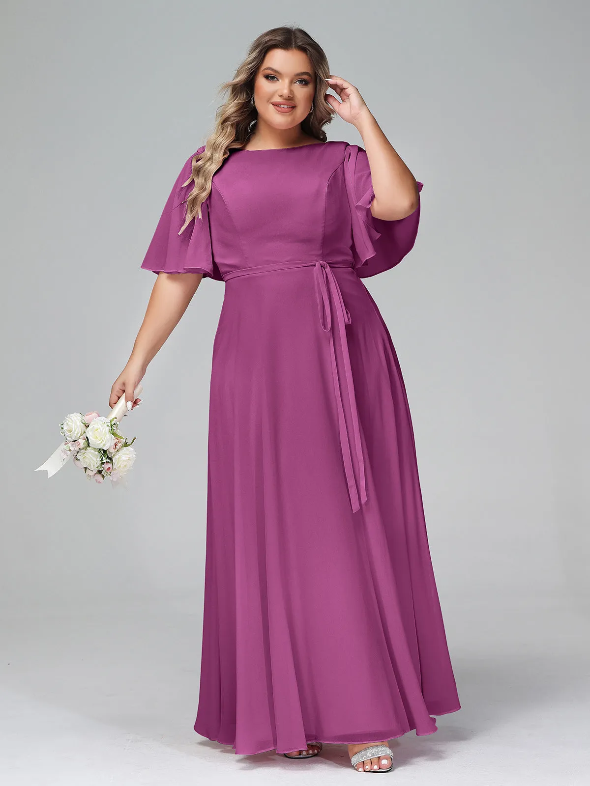 Flutter Sleeves Chiffon Max Dresses with Sash Bow-Orchid Plus Size