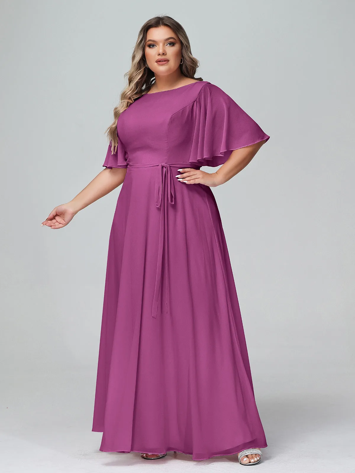 Flutter Sleeves Chiffon Max Dresses with Sash Bow-Orchid Plus Size