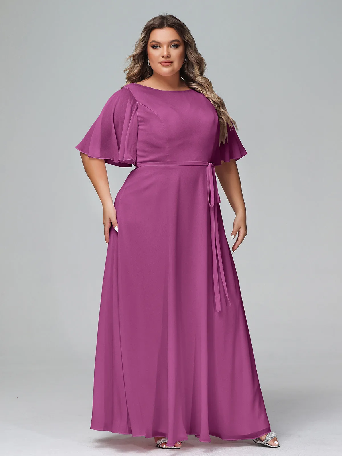 Flutter Sleeves Chiffon Max Dresses with Sash Bow-Orchid Plus Size