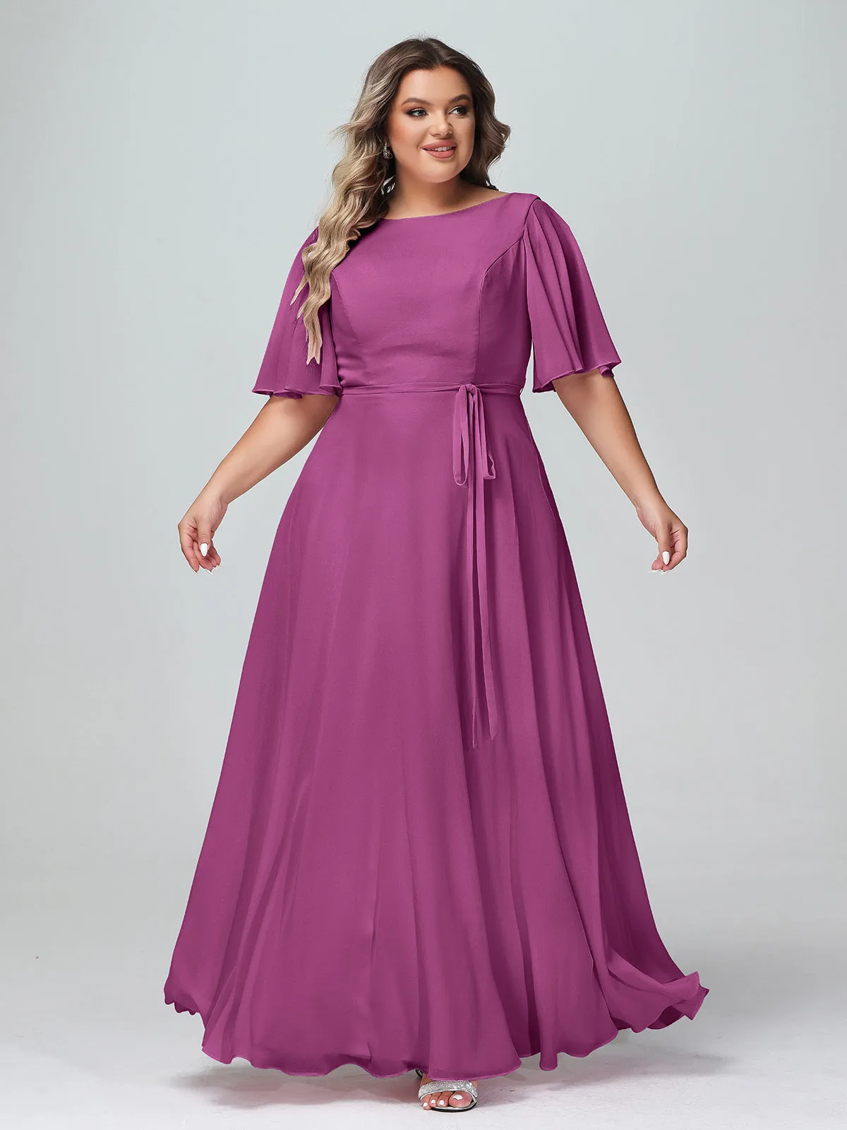 Flutter Sleeves Chiffon Max Dresses with Sash Bow-Orchid Plus Size