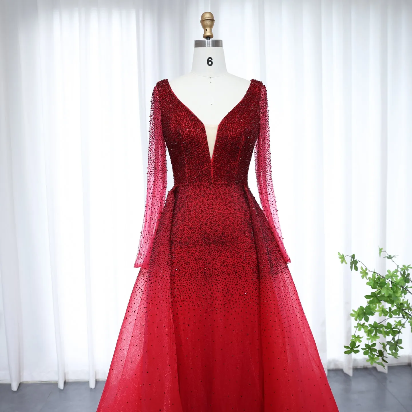 For Sale Burgundy Long Sleeves Evening Dress with Overskirt SS293