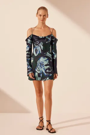 FRANCO SILK OFF SHOULDER TIE MINI DRESS