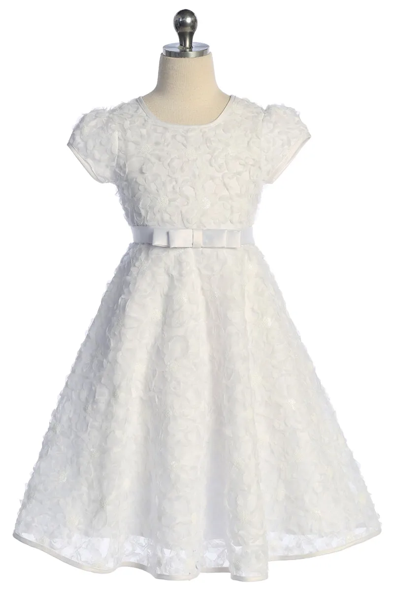 Girls Communion Dress with Floral Applique, Double Bow Waist Sash, and Satin Trim, Sizes 4-18