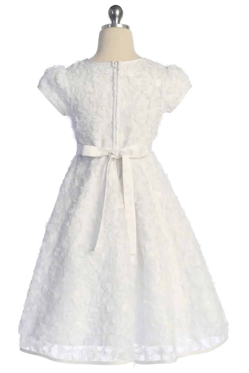 Girls Communion Dress with Floral Applique, Double Bow Waist Sash, and Satin Trim, Sizes 4-18