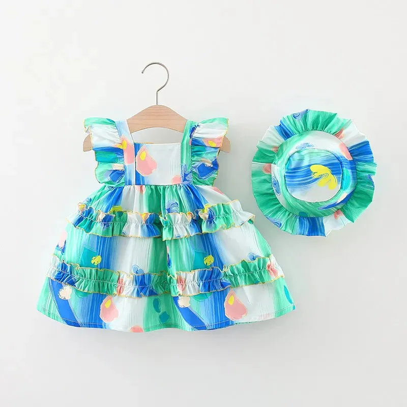 Girls Summer Fashion Dress & Hat Set