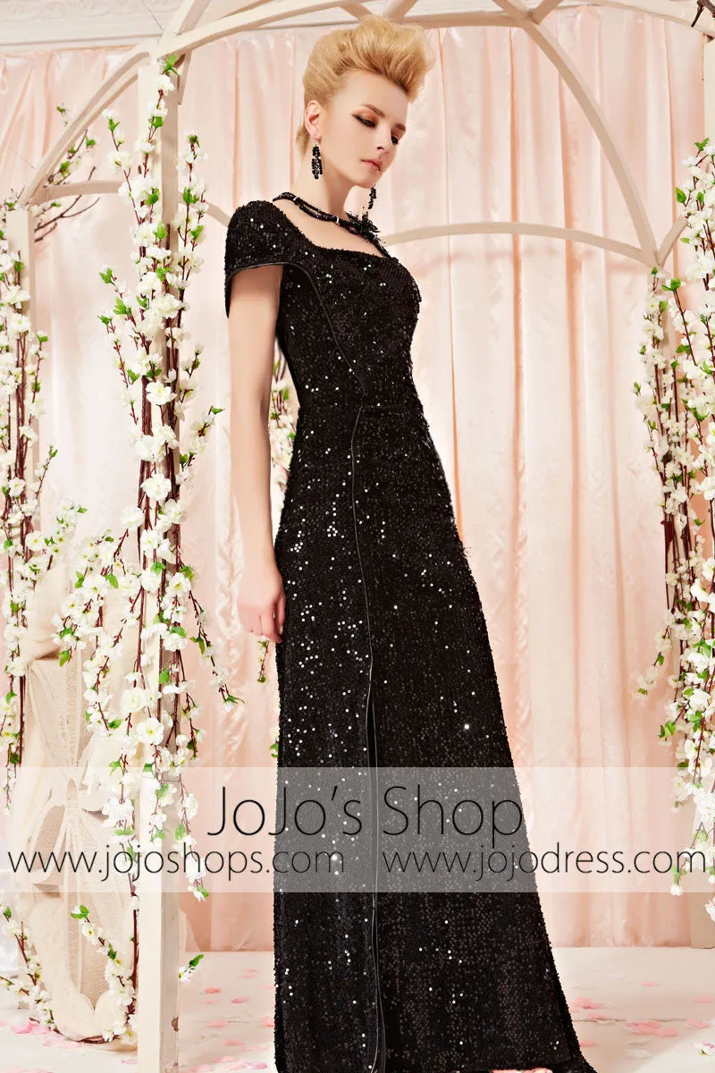 Glamorous Black Sequin One Shoulder Side Slit Pageant Evening Dress CX830315