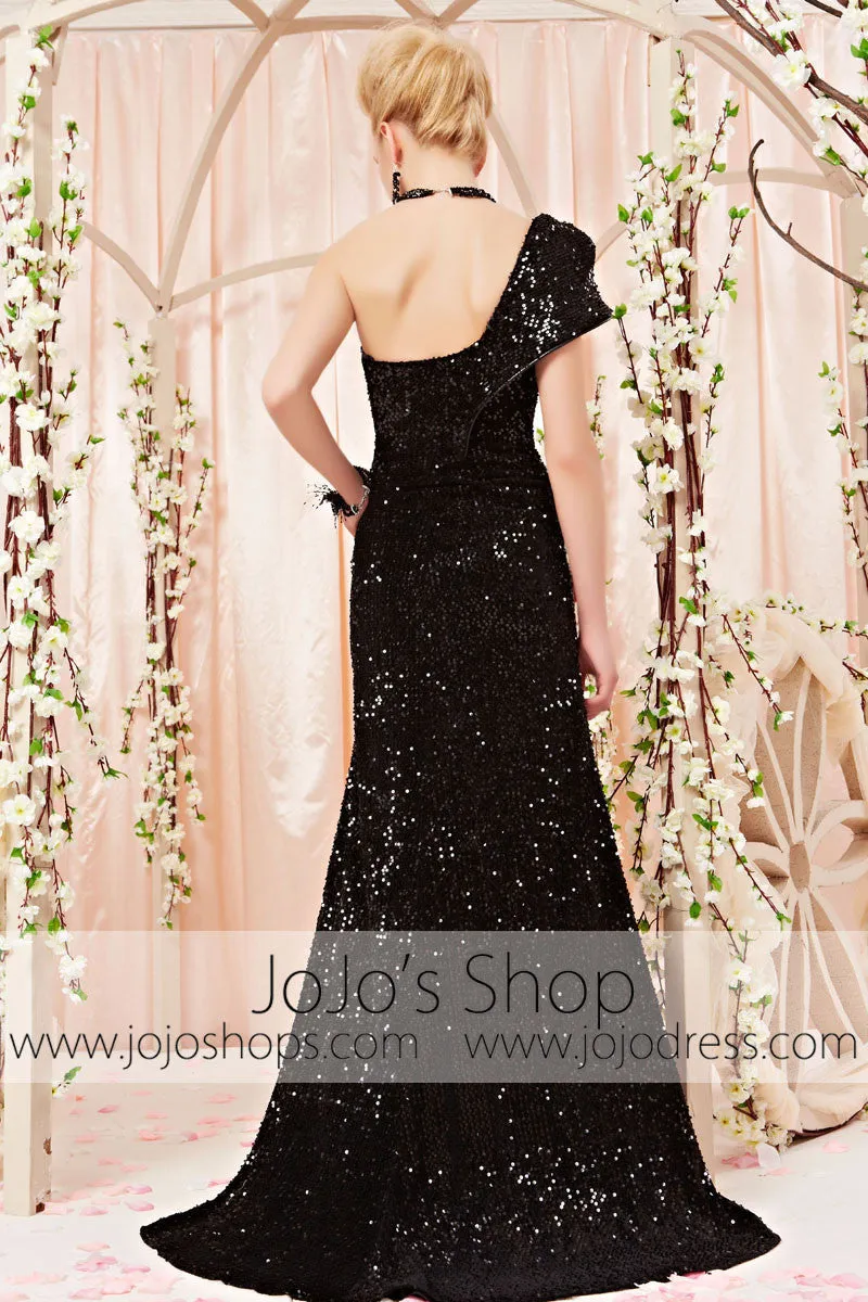 Glamorous Black Sequin One Shoulder Side Slit Pageant Evening Dress CX830315