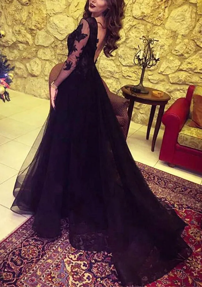 Glamorous Black Tulle Lace Long Sleeve Evening Dresses Prom Dresses with Slit, SP482