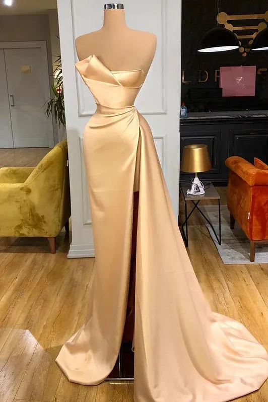 Glamorous Champagne Starpless Long Prom Dress With Split Online