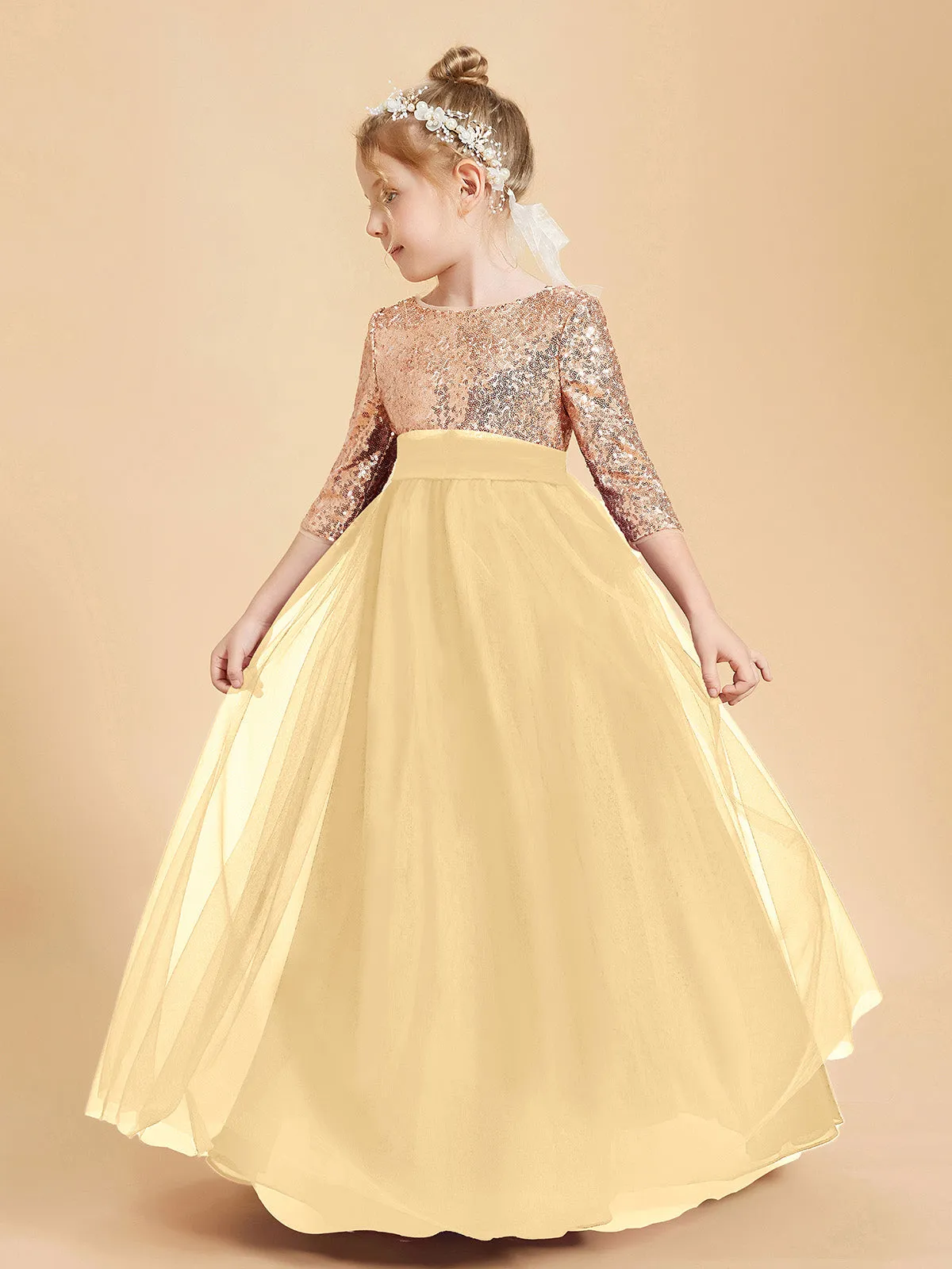 Glamorous Junior Bridesmaid Dresses Sequined Top Gold