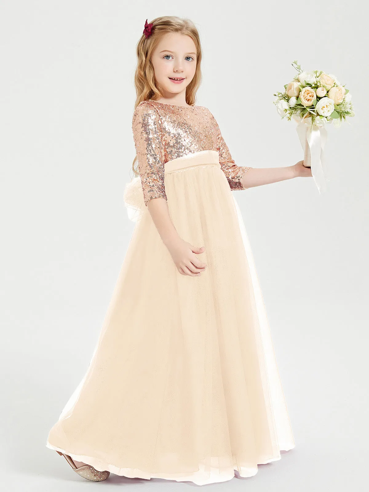 Glamorous Junior Bridesmaid Dresses Sequined Top Peach