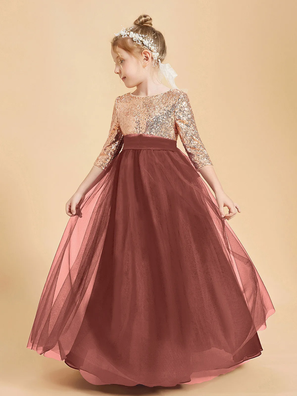 Glamorous Junior Bridesmaid Dresses Sequined Top Terracotta