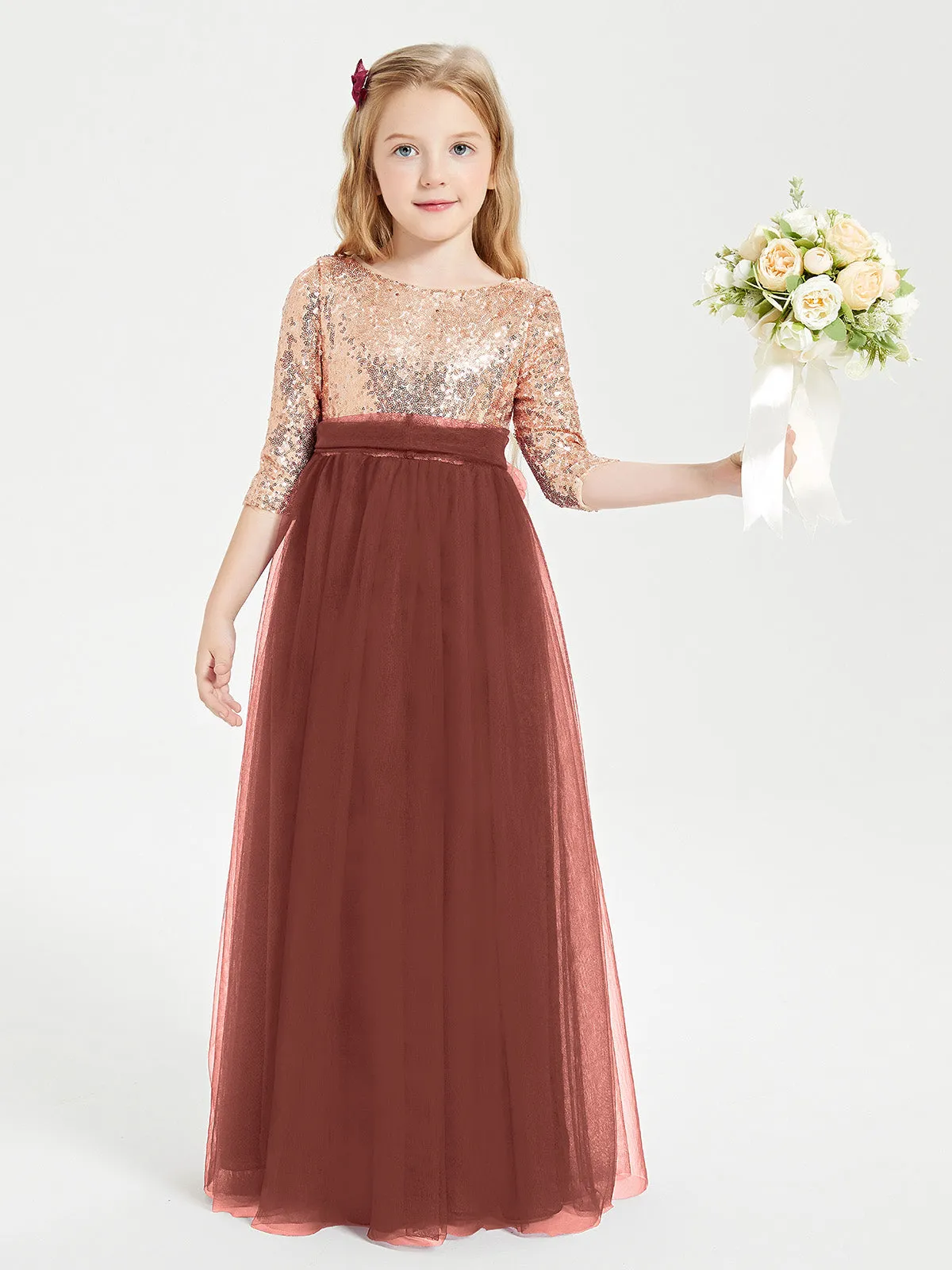 Glamorous Junior Bridesmaid Dresses Sequined Top Terracotta