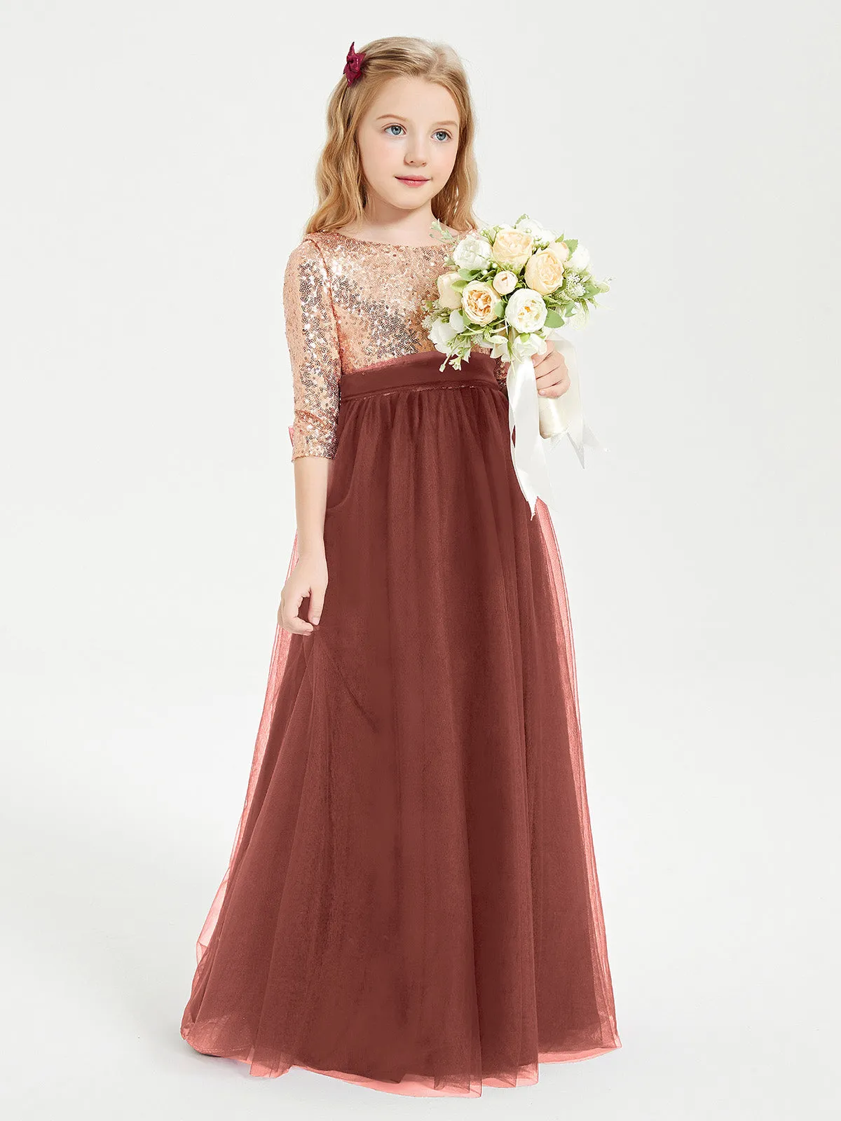 Glamorous Junior Bridesmaid Dresses Sequined Top Terracotta