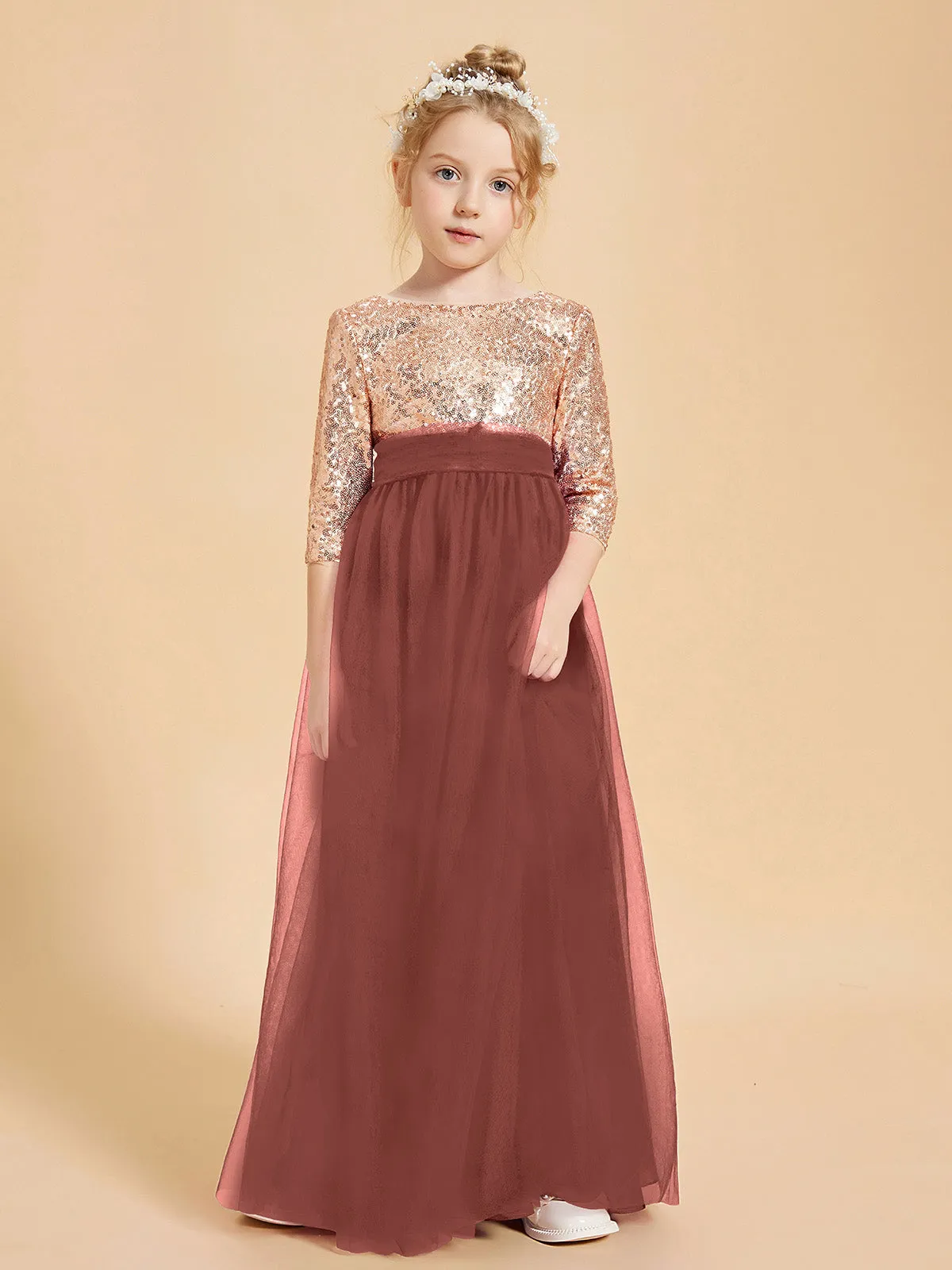 Glamorous Junior Bridesmaid Dresses Sequined Top Terracotta